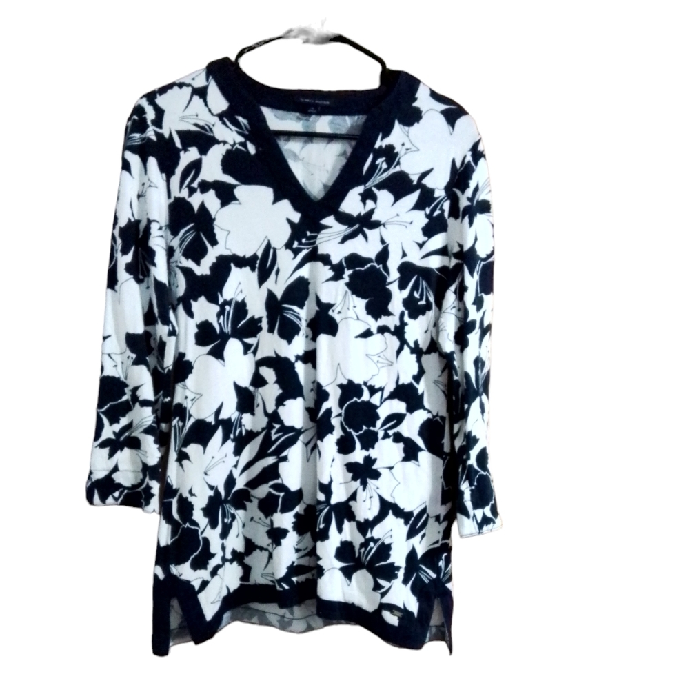 TOMMY HILFIGER WOMANS BOTANICAL/V-NECK TUNIC TOP NAVY/WHITE SZ MED NAutical